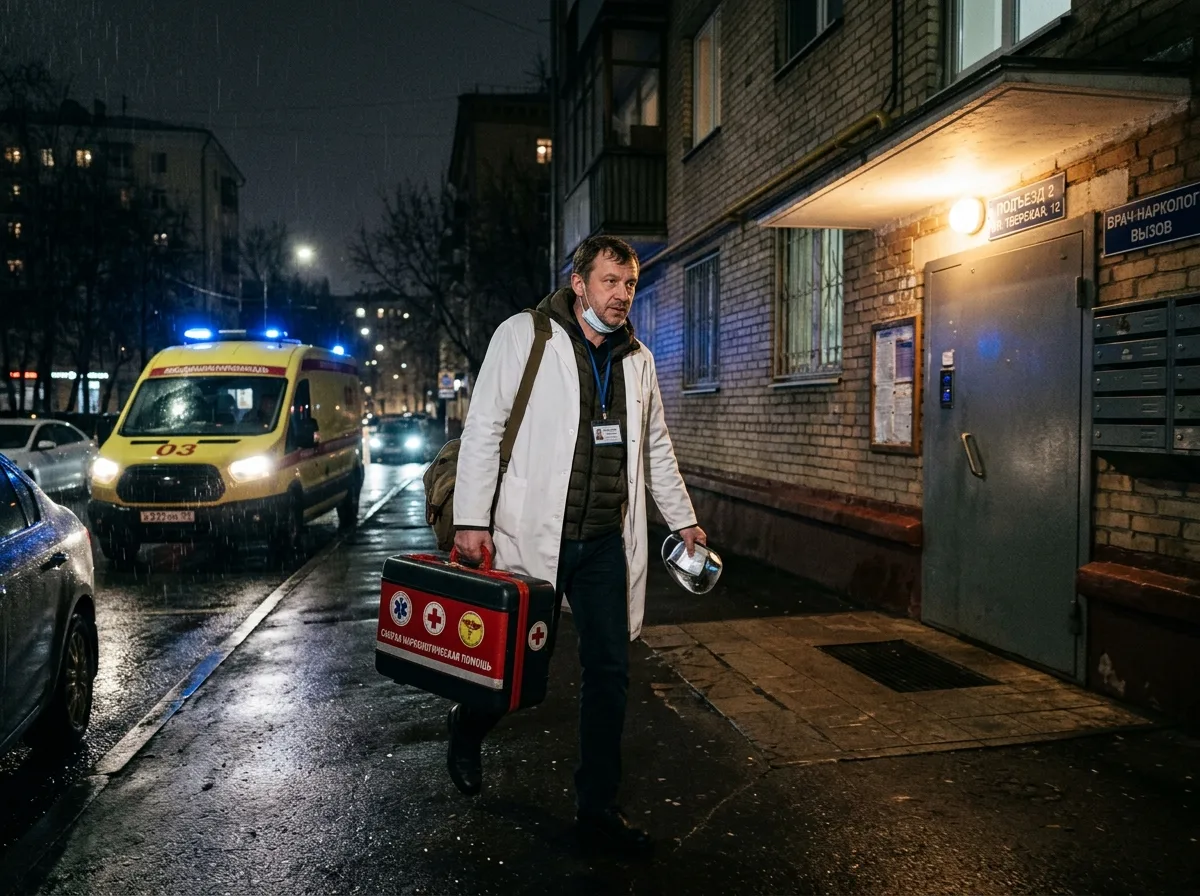 Врач-нарколог приезжает на вызов домой в Москве, медицинский чемоданчик, белый халат, ночное время — срочная наркологическая помощь