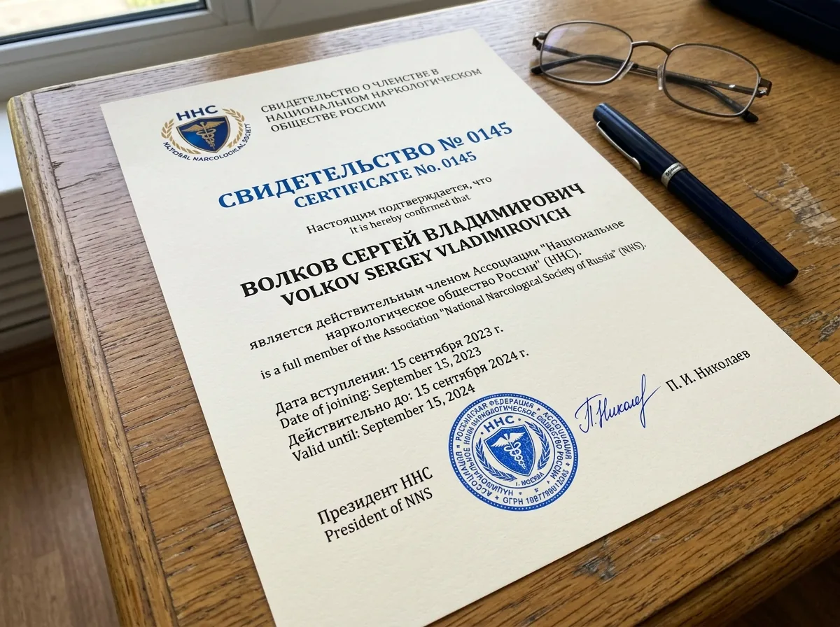Свидетельство о членстве в Национальном наркологическом обществе России, официальный документ с печатью профессиональной ассоциации